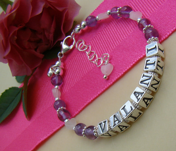 Amethyst Light Gemstone June Birthstone Rose Quartz Hearts Name Bracelet