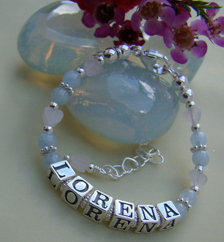 Aquamarine Gemstone March Birthstone Rose Quartz Hearts Name Bracelet
