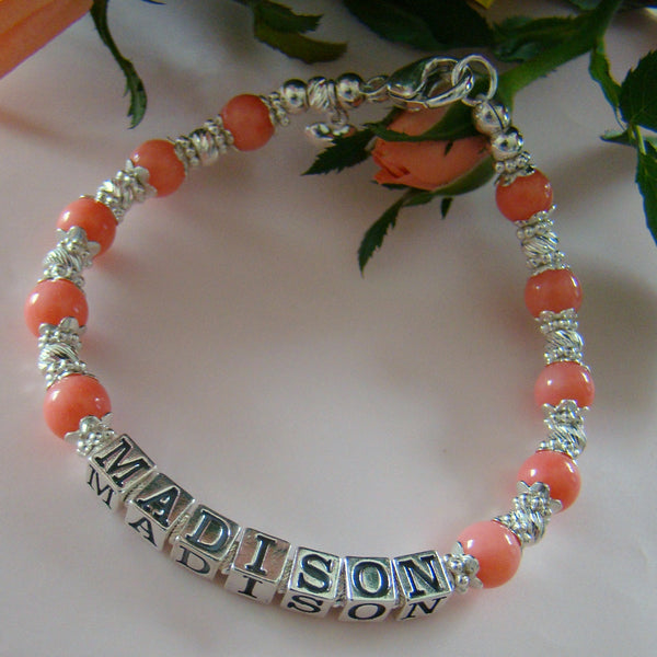 Peach Coral Gemstone Sterling Silver Vintage Style Name Bracelet