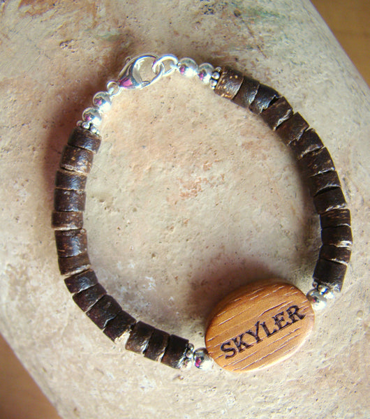 Engraved Natural Organic Wood Coconut Dark Wood Bead Sterling Silver Custom Name Bracelet