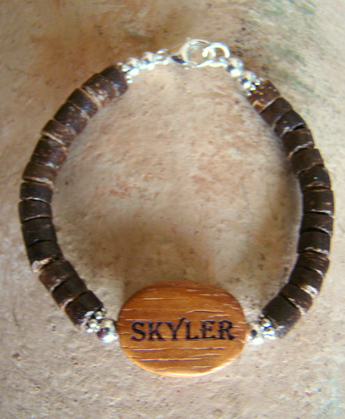 Personalized Dark Wood Bead Engraved Coconut Masculine Name Bracelet