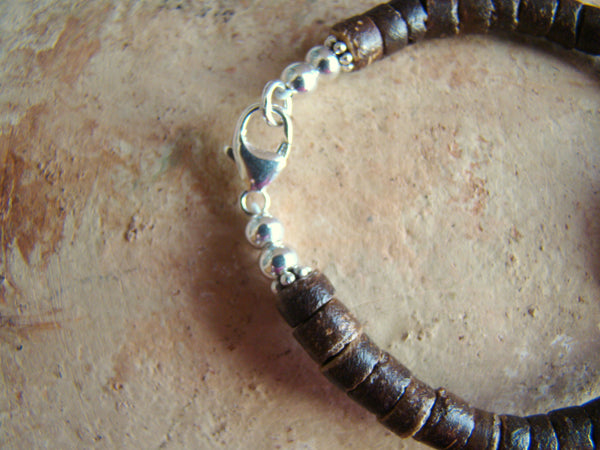 Engraved Natural Organic Wood Coconut Bead Sterling Silver Custom Name Bracelet