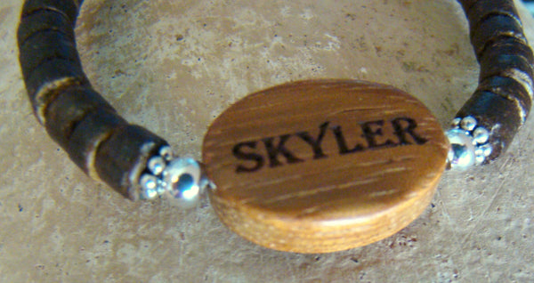 Engraved Natural Organic Wood Coconut Bead Sterling Silver Custom Name Bracelet