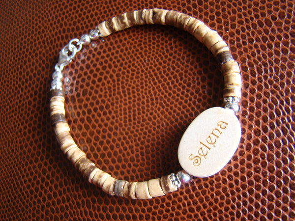 Engraved Natural Organic Light Colored Wood Coconut Bead Sterling Silver Custom Name Bracelet