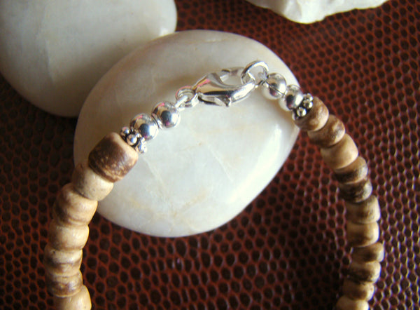 Engraved Natural Organic Wood Coconut Bead Sterling Silver Custom Monogram Initial Bracelet