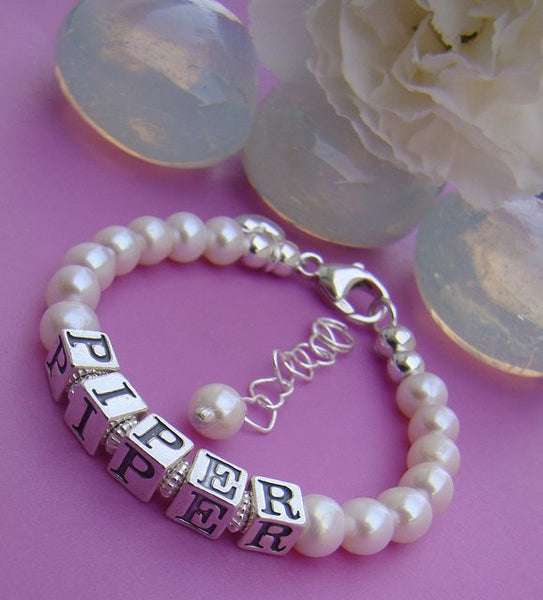 Classic Freshwater White Round Pearl Sterling Silver Name Bracelet