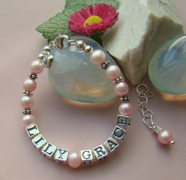 All Pink Freshwater Pearls Bali Silver Name Bracelet