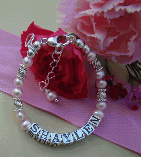 Freshwater Pink Pearls and Silver Twists Name Bracelet