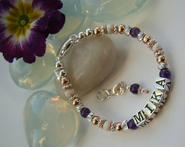 Rose Gold and Fancy Silver Mix Natural February Amethyst Gemstone Birthstone Bracelet
