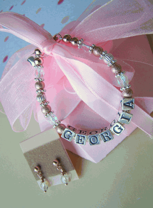 New Sterling Silver and Rose Gold Filled Birthstone Name Bracelet and free Matching Birthstone Earrings