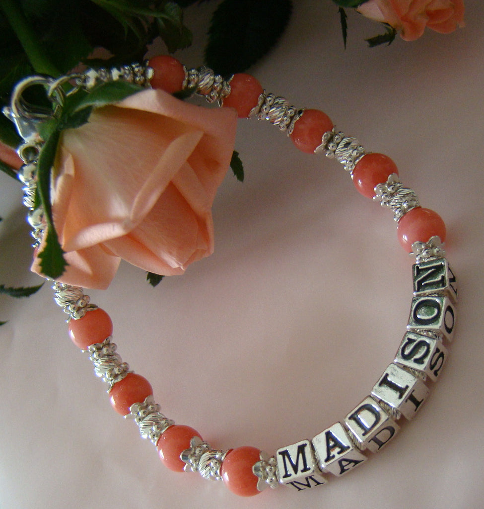 Peach Coral Gemstone Sterling Silver Custom Vintage Style Name Bracelet