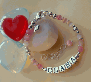 All Pink Hues Cats Eye Sterling Silver Girls Baby Name Bracelet