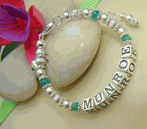Precious Emerald Gemstone May Birthstone Personalized Tarnish Resistant Sterling Silver Name Bracelet