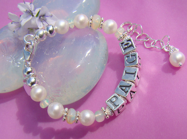 October Genuine White Ethiopian Opal Gemstone Birthstone Name Bracelet