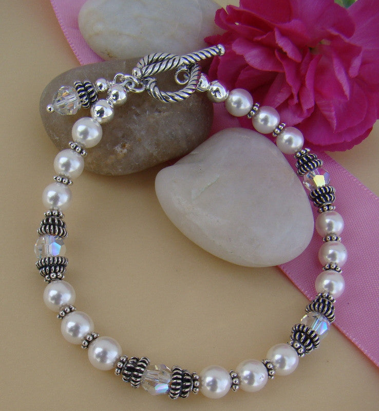 Double Bali Sterling Silver White Pearl Crystals Ladies Adult Birthstone Bracelet