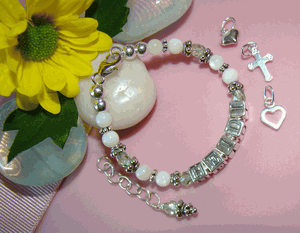 White Mother of Pearl Shell Bali Silver Birthstone Name Bracelet