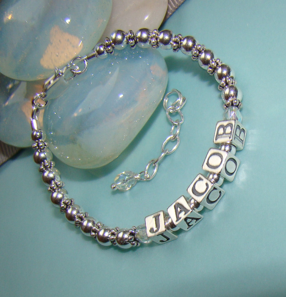 Sterling Silver Masculine Custom Name Bracelet or Necklace Satin and Bali Beads