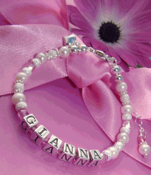 White Pearls October Rose Birthstone Custom Sterling Silver Name Bracelet