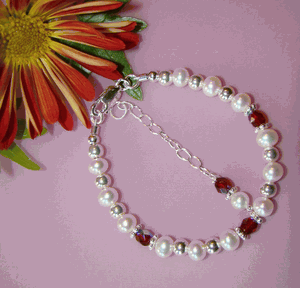 Freshwater White Natural Pearls Red July Ruby Silver Birthstone Bracelet
