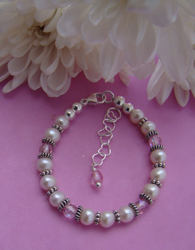 Freshwater White Pearls Bali Silver Soft Rose October Birthstone Bracelet