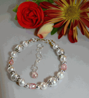 Fancy Sterling Silver White Pearls October Rose Birthstone Bracelet