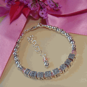Silver Satin Twist October Rose Pink Birthstone Personalized Name Bracelet
