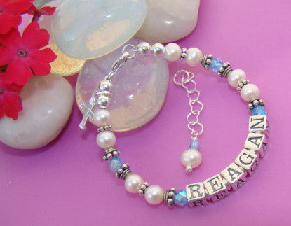 March Aquamarine Aqua Personalized Baby Custom Name Bracelet Cross Charm