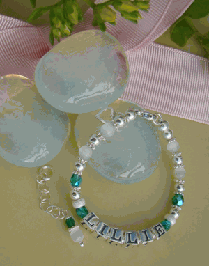 Sparkling White Cats Eye Crystal Emerald May Birthstone Personalized Name Bracelet
