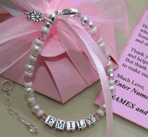 White Pearls Wedding Party Gift Flower Girl Charm Poem Birthstone Name Bracelet