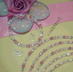 Pretty In Pink Girls Heart or Star Rose Quartz Cat Eye Mother of Pearl Gemstone Sterling Silver Charm Bracelet