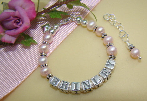 Freshwater Pink Pearls Bali Silver Name Hearts Personalized Custom Bracelet