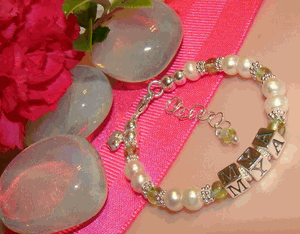 Pearls and Peridot Natural Gemstone August Birthstone Name Bracelet