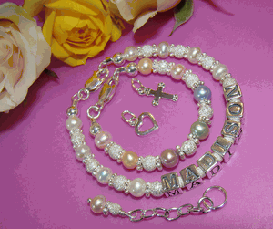 Sparkling Stardust Pastel Pearls Custom Name Bracelet Sterling Silver Children's