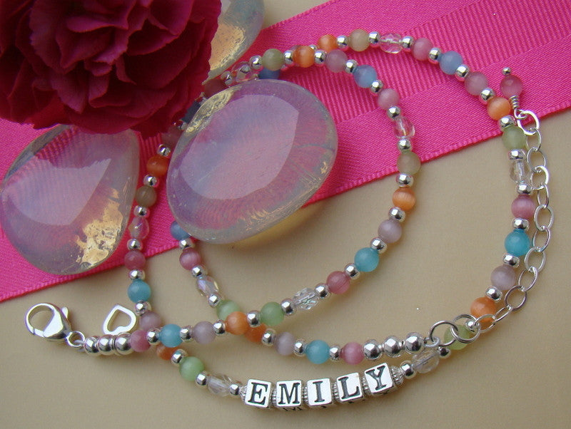 Multi Color Pastel Cats Eye Crystals Sterling Silver Birthstone Name Necklace