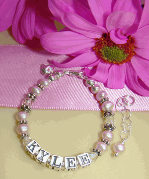 Freshwater Light Pink Pearls and Crystals Baby Child Name Bracelet