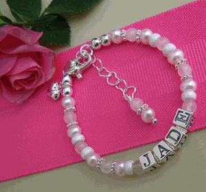 Sparkling Stardust Pink Pearl Rose Quartz Gemstone Name Bracelet