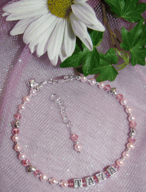 Pink Freshwater Pearls Crystals Hearts Adult Name Bracelet