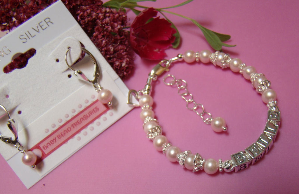 Fancy Pink Freshwater Sparkling Name Bracelet and Matching Earrings