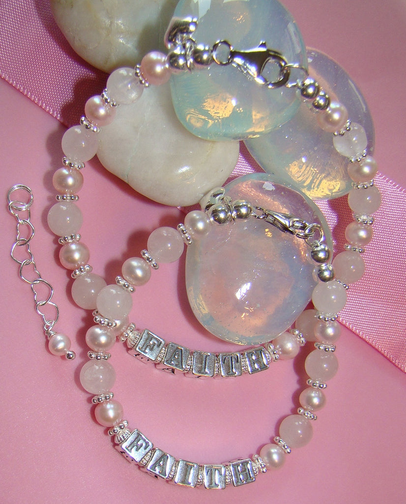 Mother and Daughter Soft Rose Quartz Pink Pearls Name Bracelets