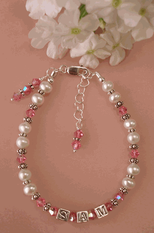 Sterling Silver Freshwater White Pearls Adult Birthstone Name Bracelet