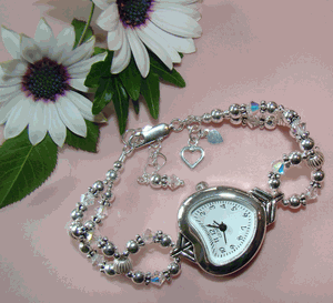 Geneva Sterling Silver Hearts Crystal Birthstone Ladies Custom Beaded Watch