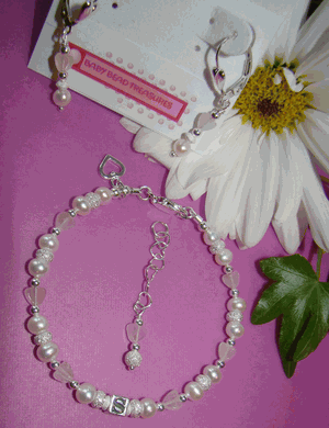 Sparkles White Freshwater Pearls Pink Hearts Initial Monogram Bracelet