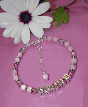 Pink Mother of Pearl Baby Child Adult Custom Sterling Silver Name Bracelet