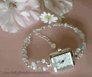 All White Cat's Eye Square Geneva Watch Ladies Beaded Sterling Silver