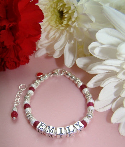 Precious Ruby Gemstone July Birthstone Baby Child Adult Personalized Name Bracelet