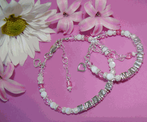 Mother of Pearl October Rose Matching Birthstone Name Bracelets for Mother and Daughter