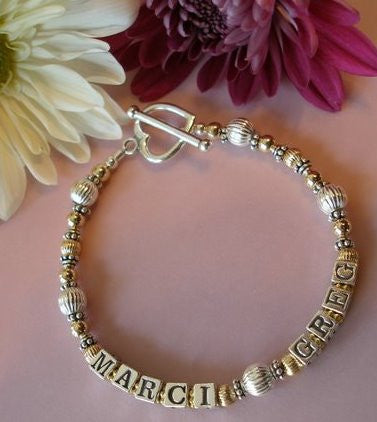 Mothers Two Toned Gold Filled and Sterling Silver Name Bracelet