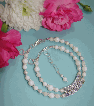 Mother and Daughter White Mother of Pearl Sparkling Stardust Name Bracelets