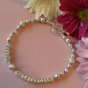 Mothers Sterling Silver and Crystals Family Double Name Bracelet