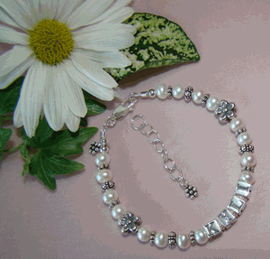 White Pearl Daisy Flower Bead Bali Sterling Silver Name Bracelet